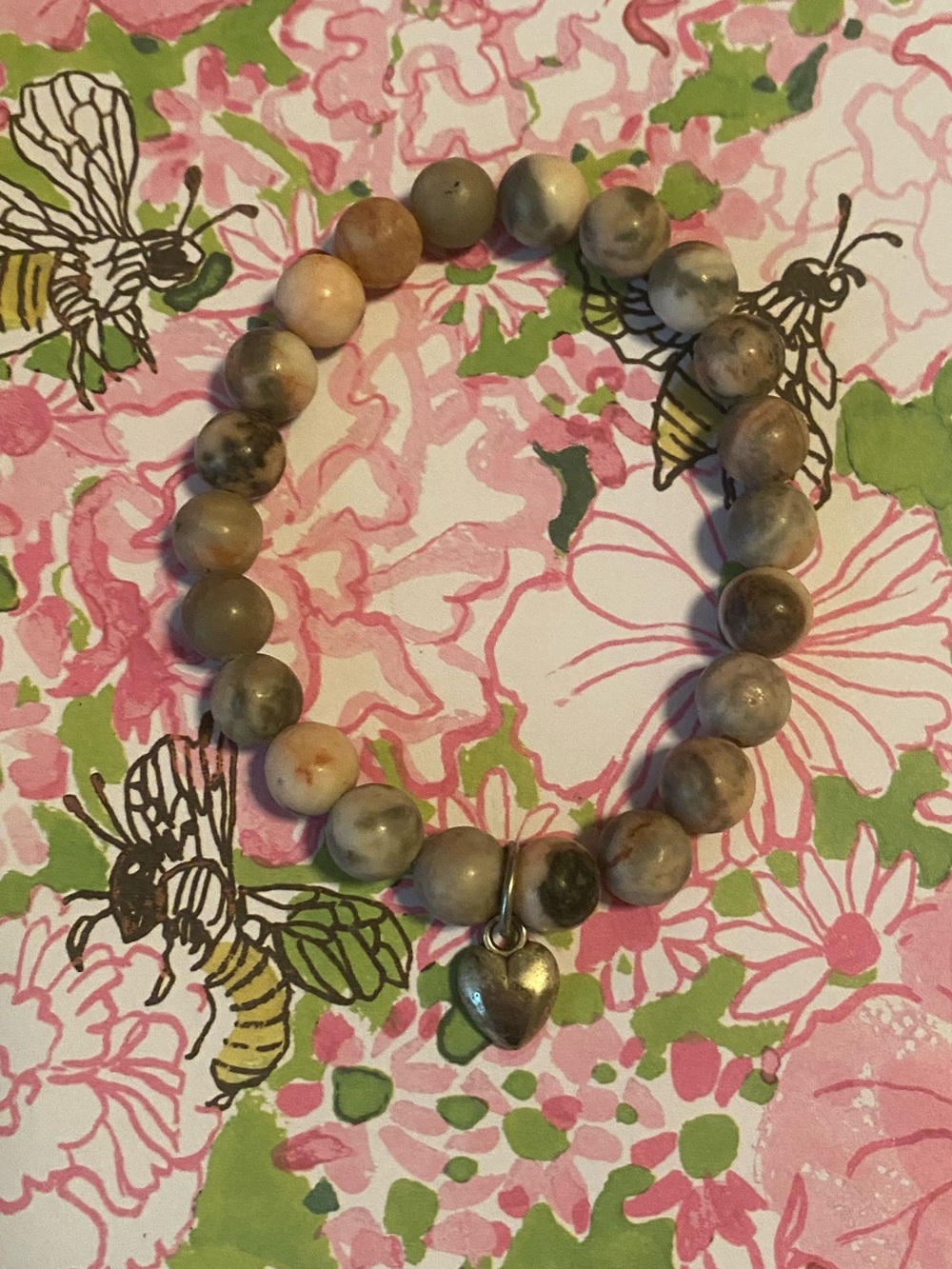 Light Pink & Grey Tones Stretchy Beaded Bracelet with Silver Heart Charm